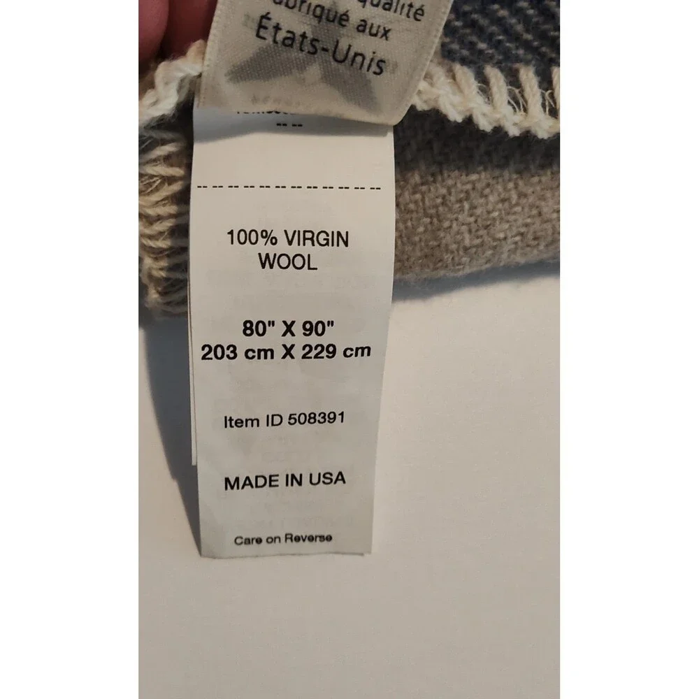 Pendleton LL Bean Washable Wool Full Size Blanket Blue Tan Cream 80” x 90” Plaid